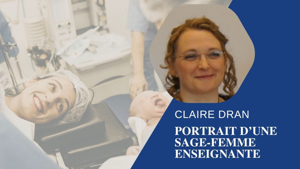 Portrait de Claire Dran, avec en fond une photo d'une femme venant d'accoucher.